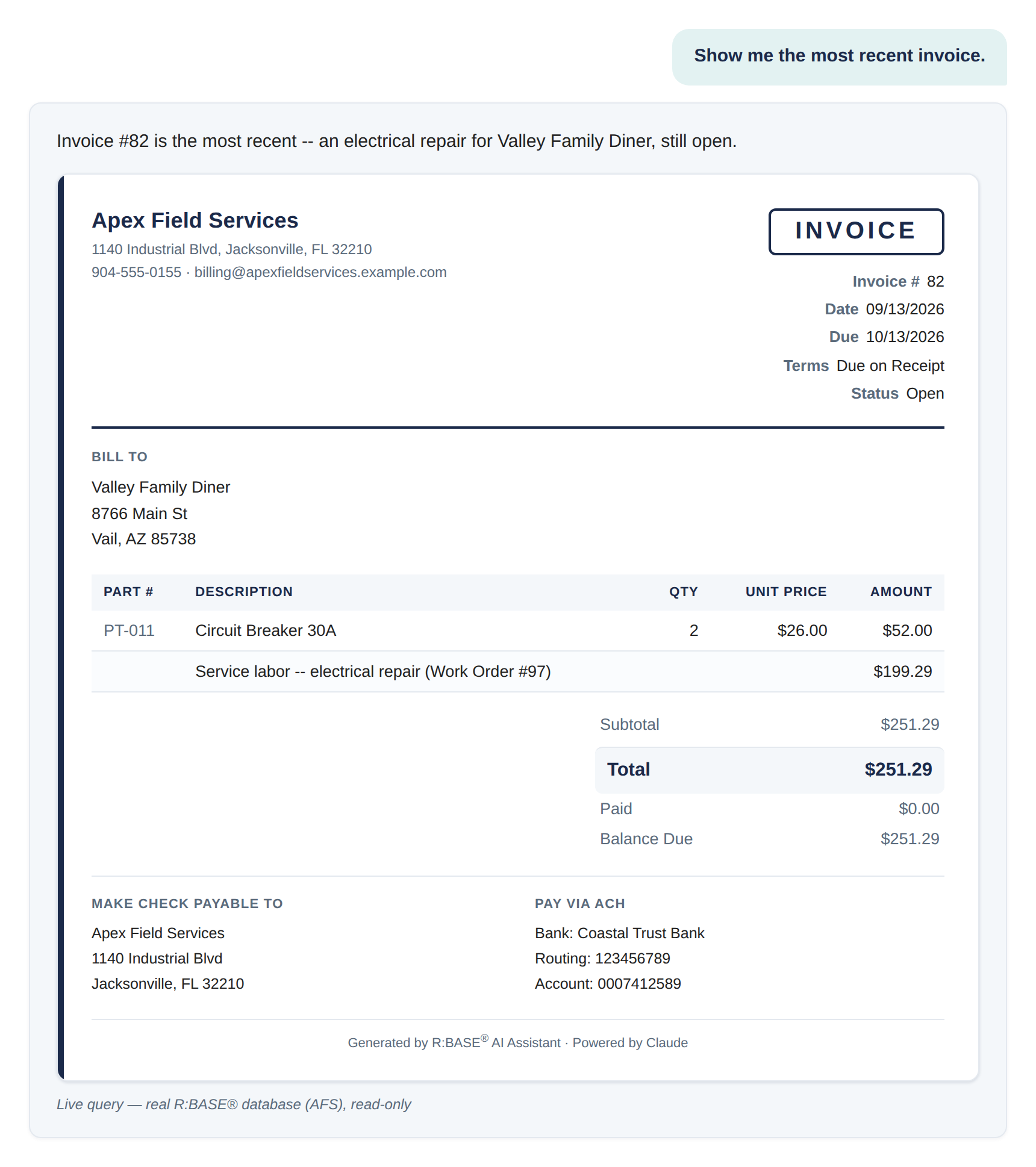 R:BASE AI Assistant answering: show me the most recent invoice, as a fully formatted, ready-to-send field-service invoice assembled live from work order, parts, and customer data