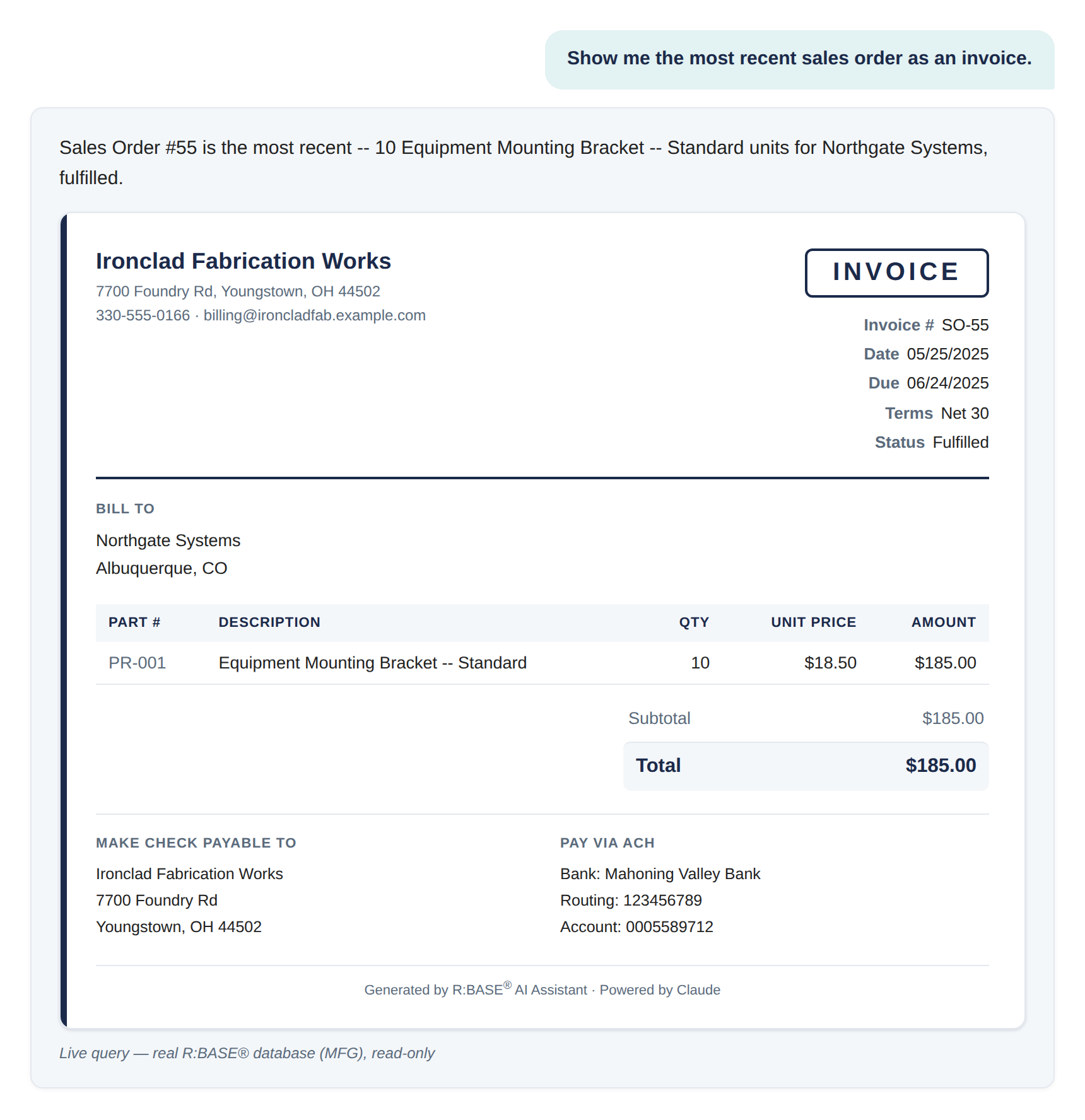 R:BASE AI Assistant answering: show me the most recent sales order as an invoice, as a fully formatted invoice assembled live from sales order and customer data