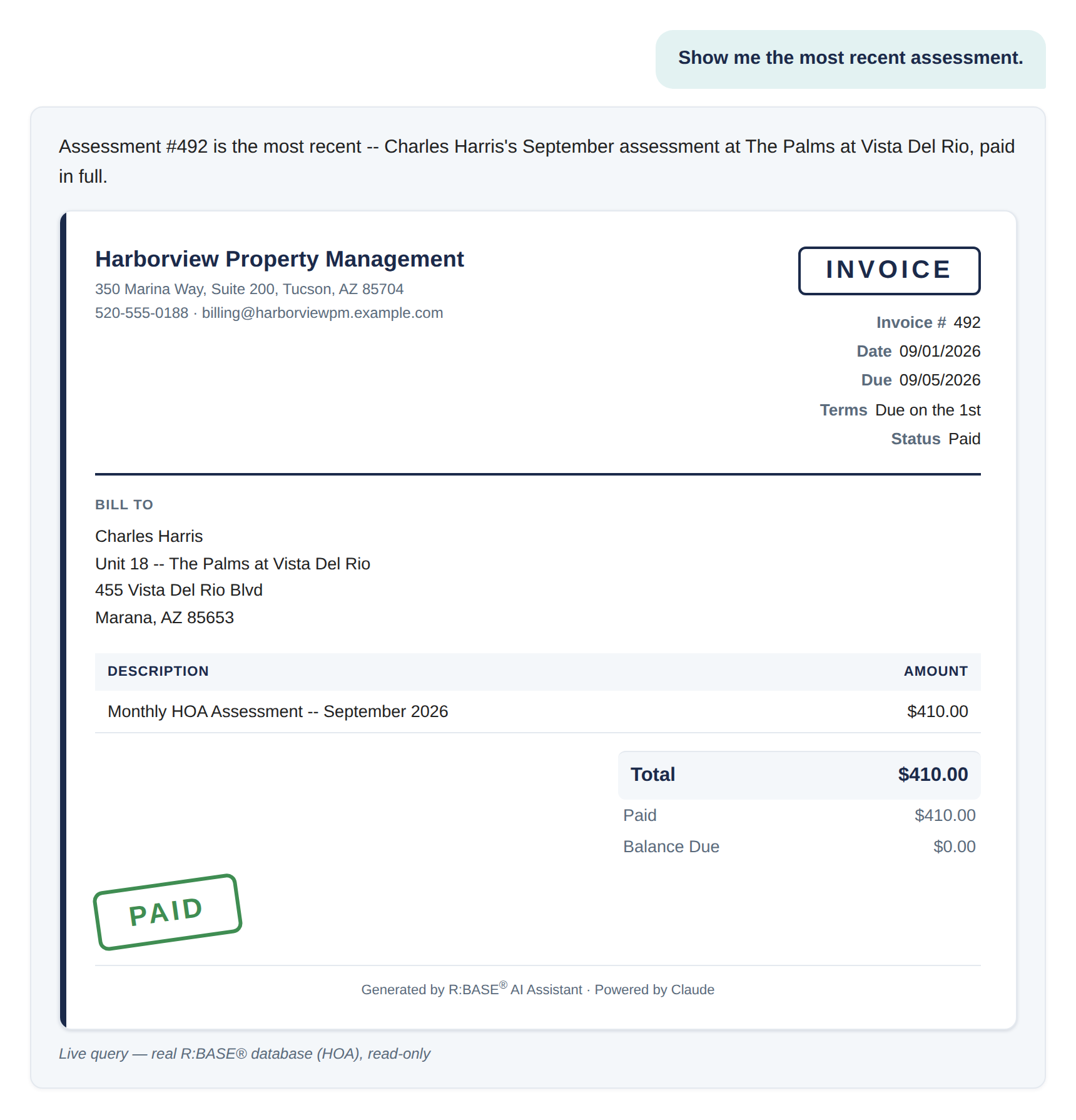 R:BASE AI Assistant answering: show me the most recent assessment, as a fully formatted HOA assessment invoice assembled live from owner and property data
