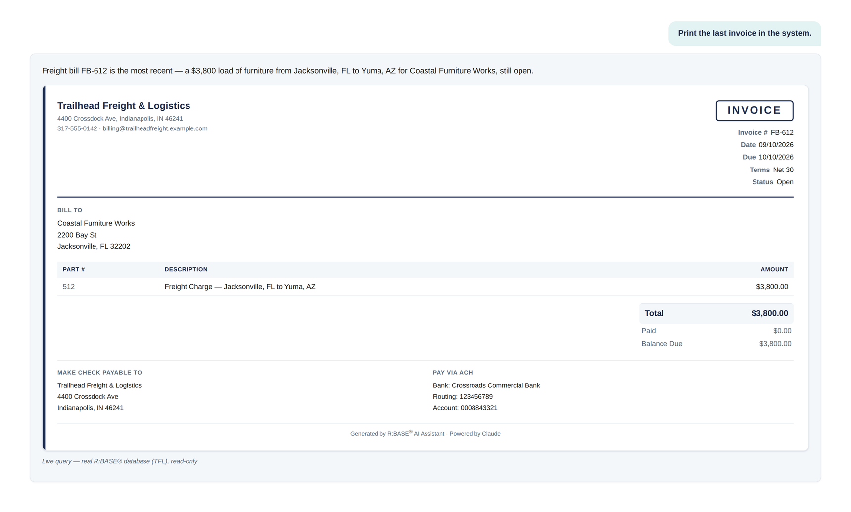 R:BASE AI Assistant answering: print the last invoice in the system, as a fully formatted freight-bill invoice assembled live from load and customer data