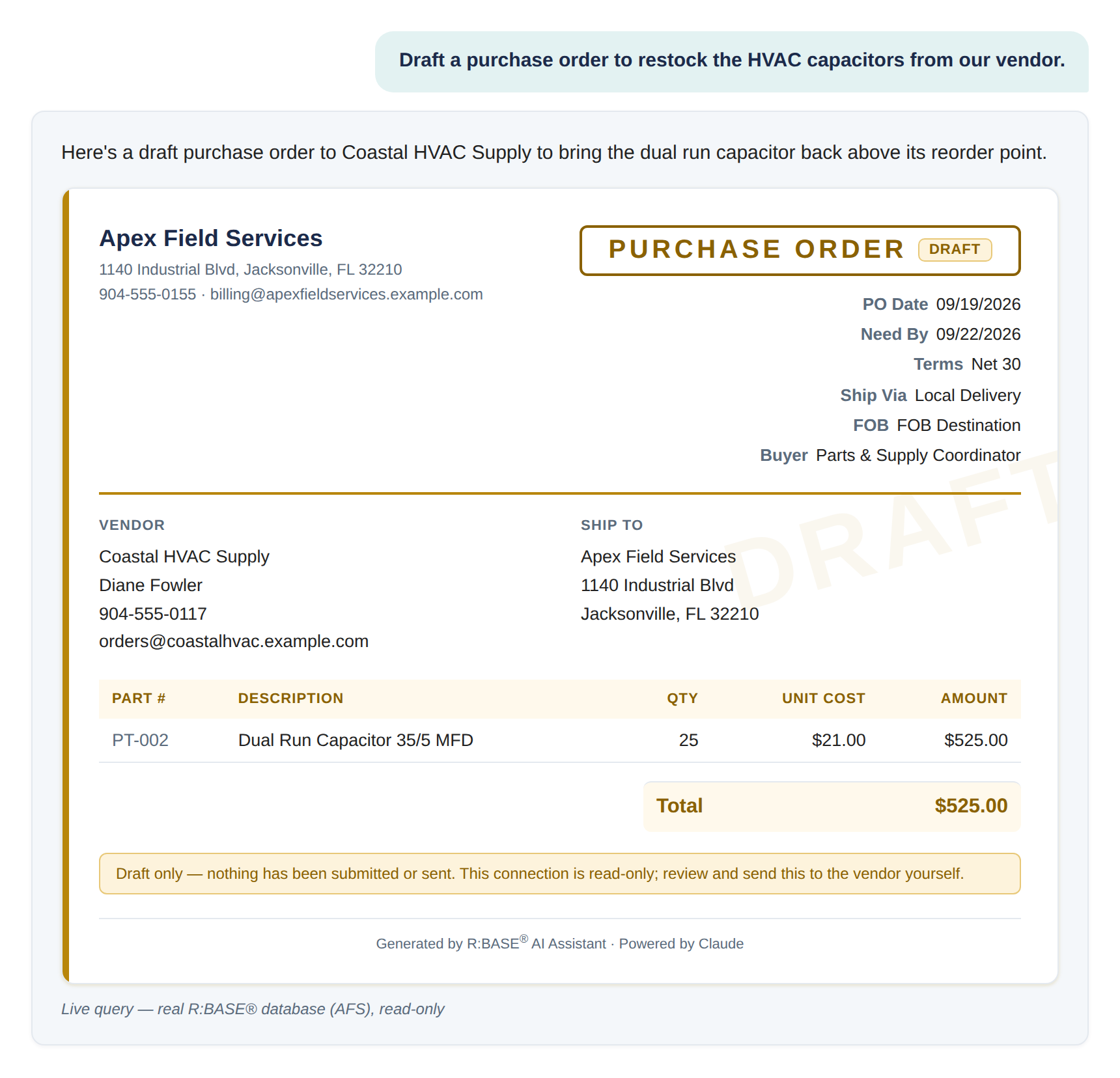 R:BASE AI Assistant answering: draft a purchase order to restock parts from our vendor, as a fully formatted draft purchase order assembled live from real vendor and reorder data