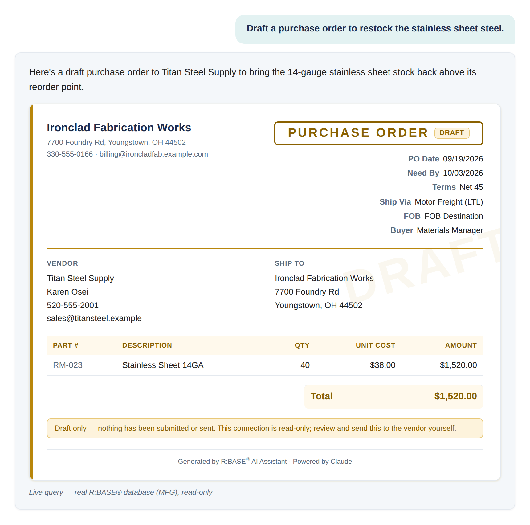 R:BASE AI Assistant answering: draft a purchase order to restock a raw material, as a fully formatted draft purchase order assembled live from real vendor and inventory data