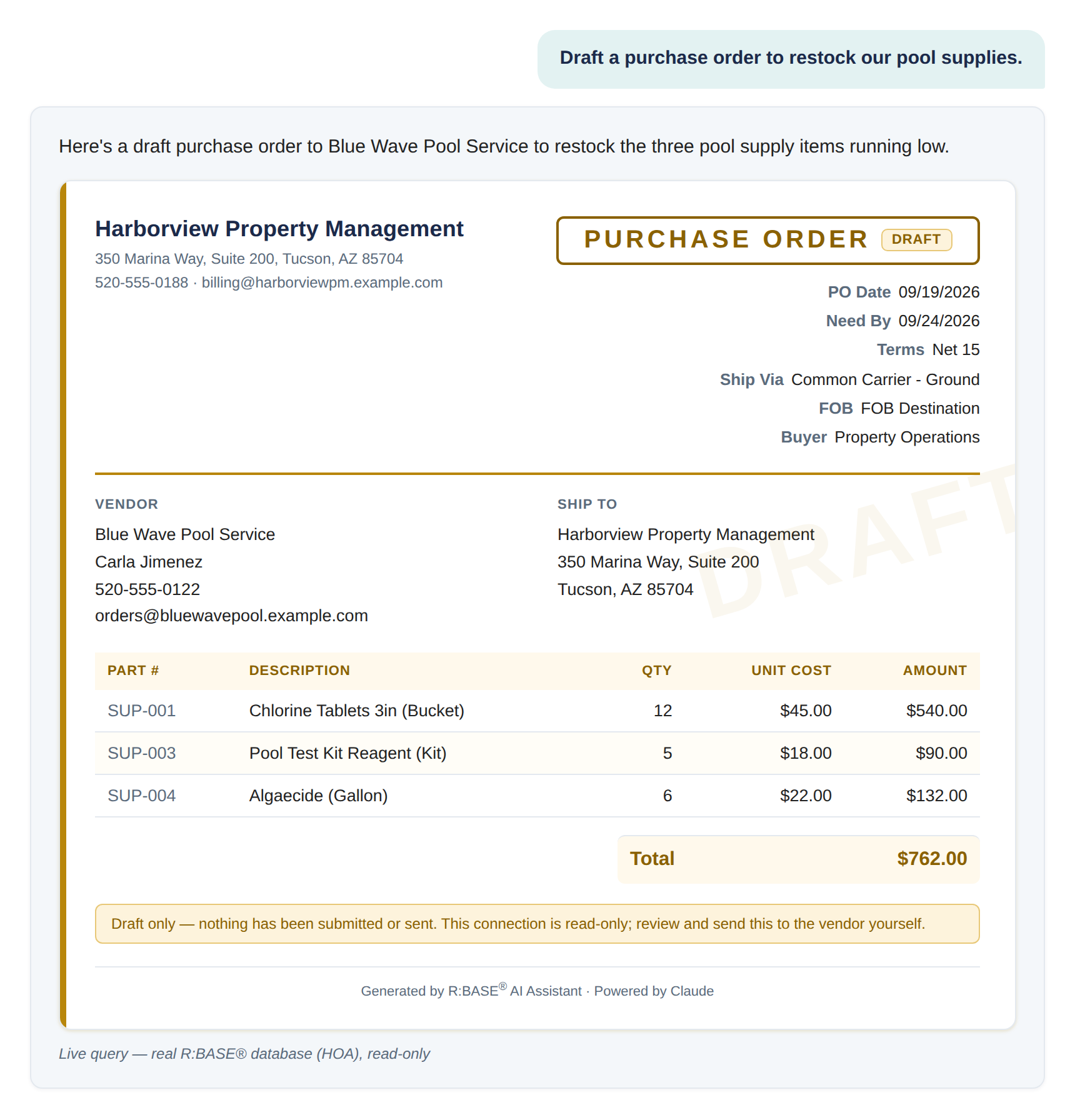 R:BASE AI Assistant answering: draft a purchase order to restock our supplies, as a fully formatted draft purchase order assembled live from real vendor and inventory data