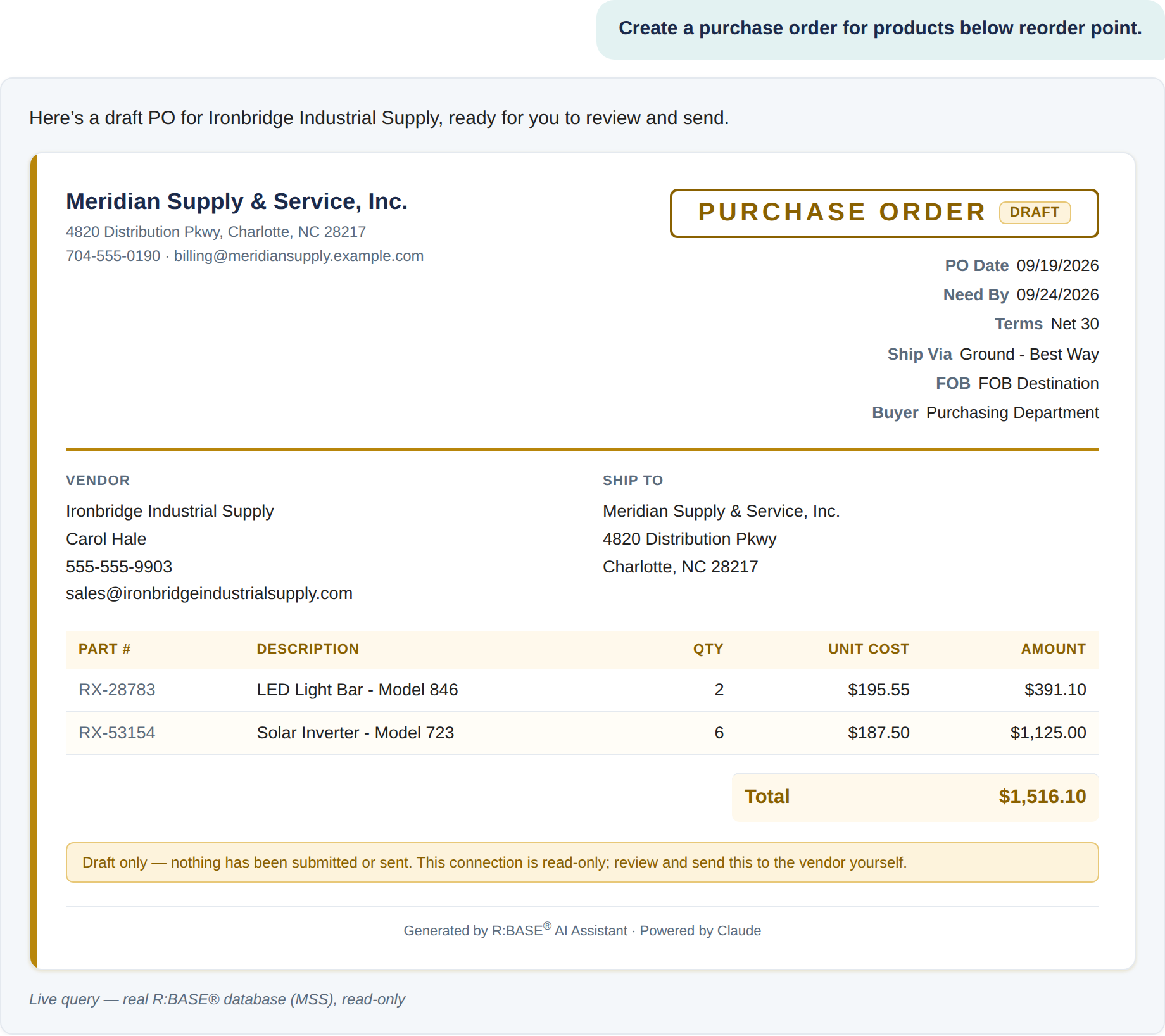 R:BASE AI Assistant answering: which products need reordering, draft a purchase order for those, as a fully formatted draft purchase order assembled live from real vendor, cost, and reorder data